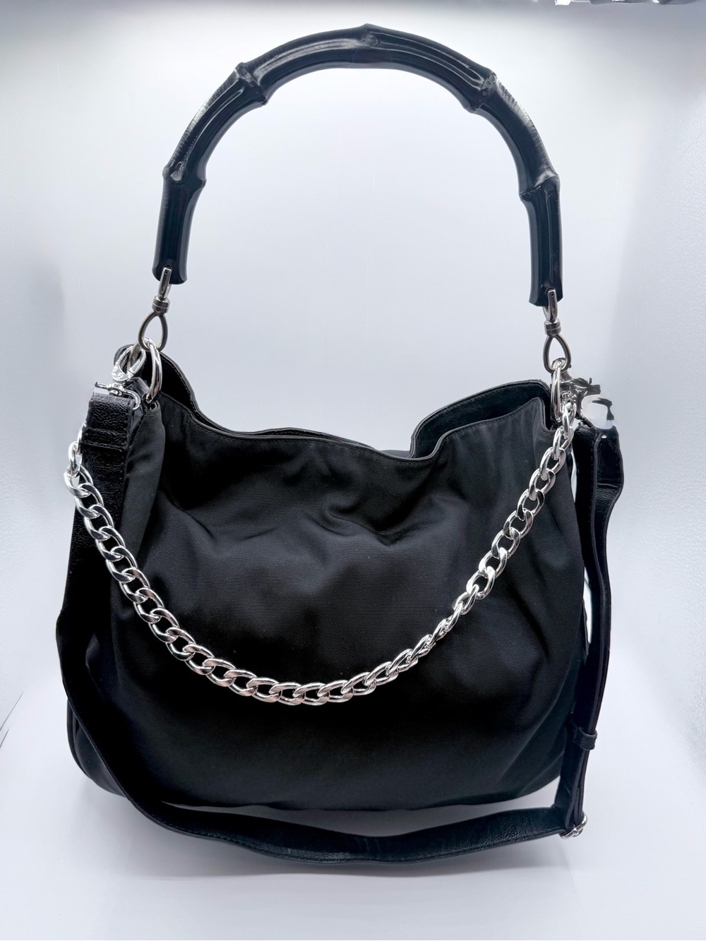 Gucci Black Nylon Bamboo Hobo Bag